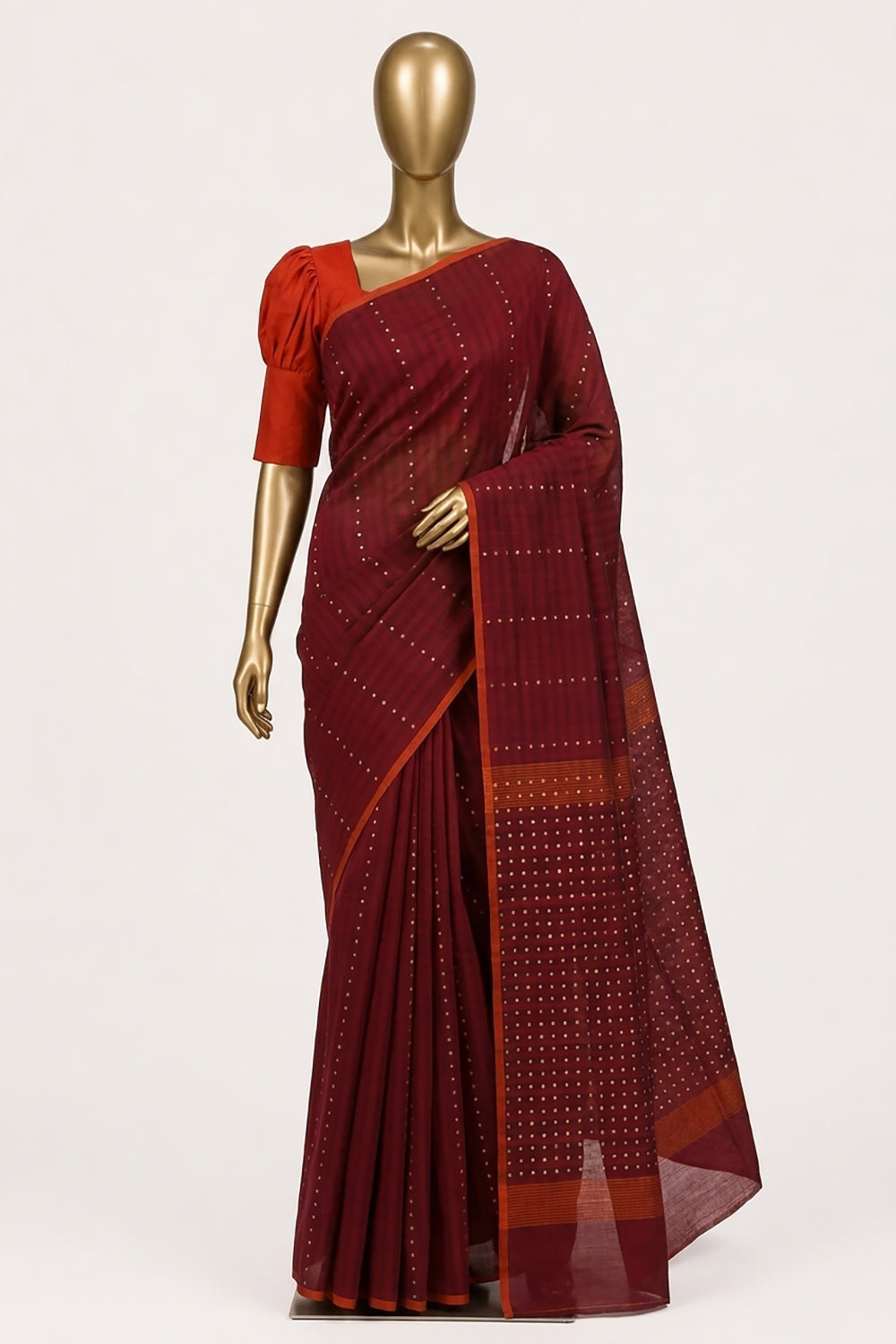 Image of Red Cotton-Kora Saree