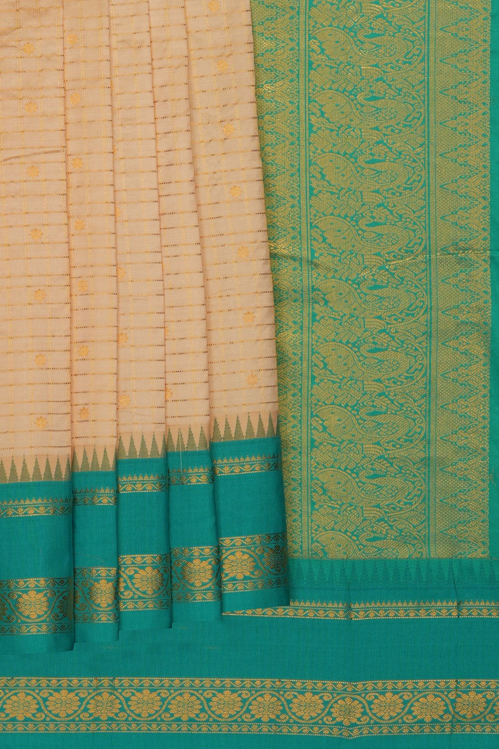 Image of Off-White Narayanpet Silk Kattam Saree