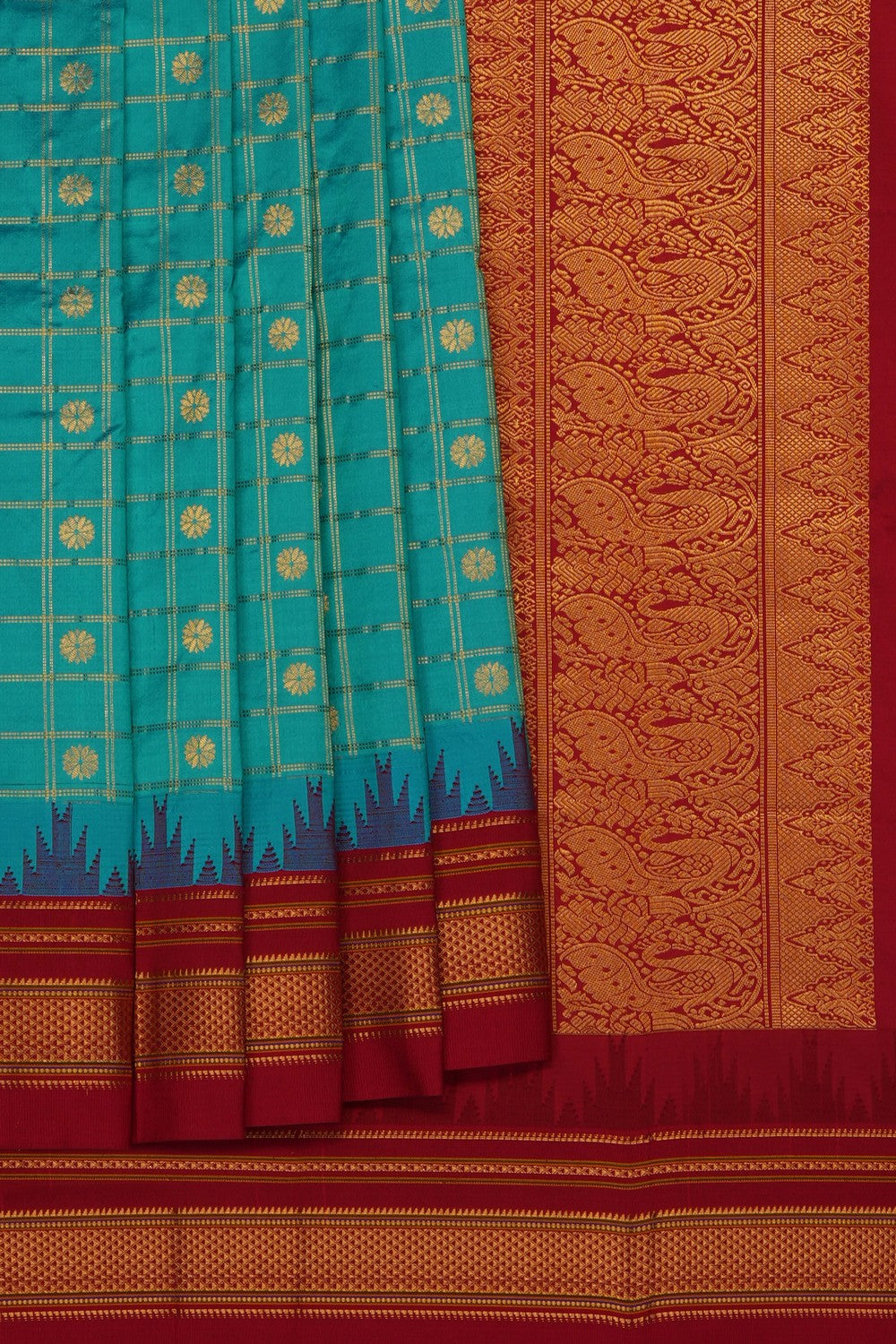 Image of Turquoise-Blue Narayanpet Silk Kattam Saree
