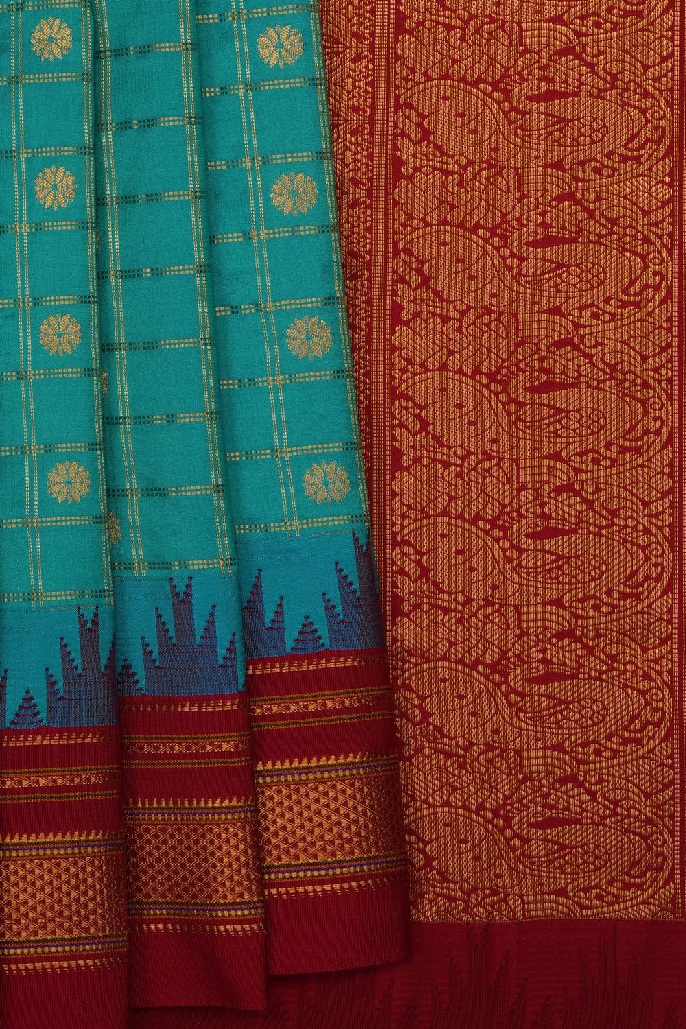 Image of Turquoise-Blue Narayanpet Silk Kattam Saree