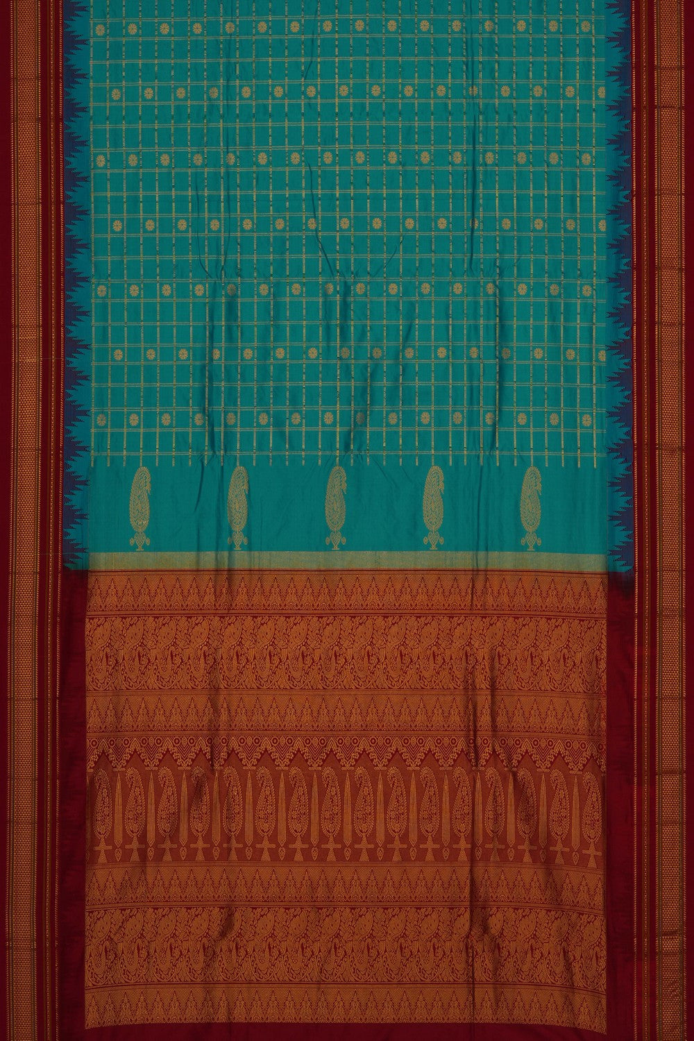 Image of Turquoise-Blue Narayanpet Silk Kattam Saree