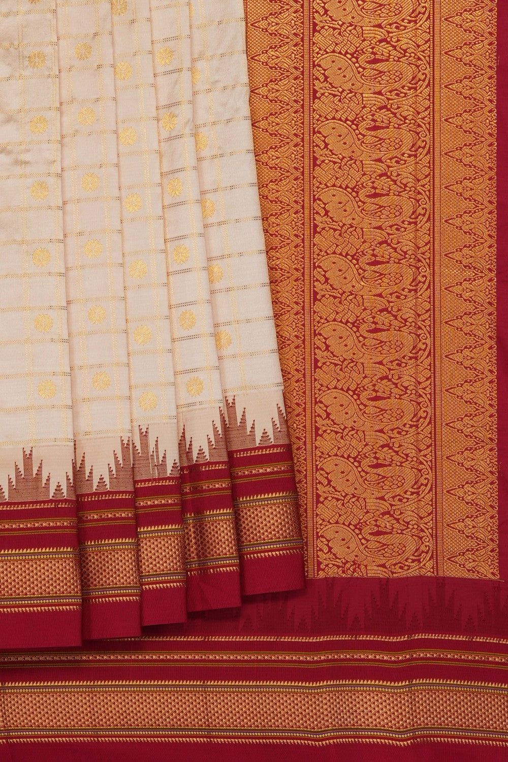 Image of Off-White Narayanpet Silk Kattam Saree