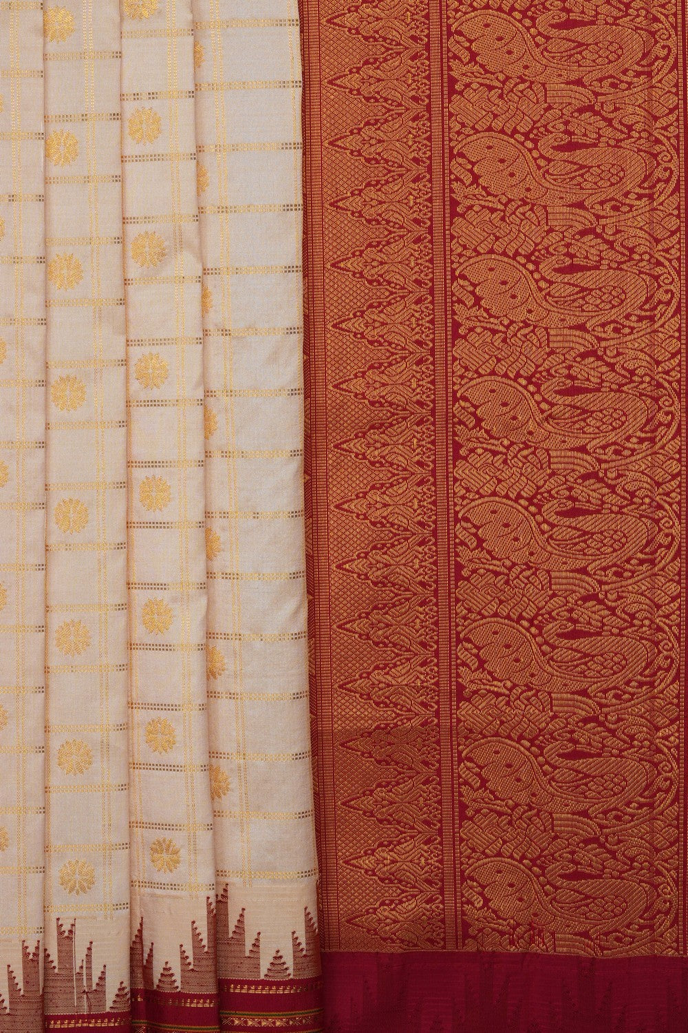 Image of Off-White Narayanpet Silk Kattam Saree