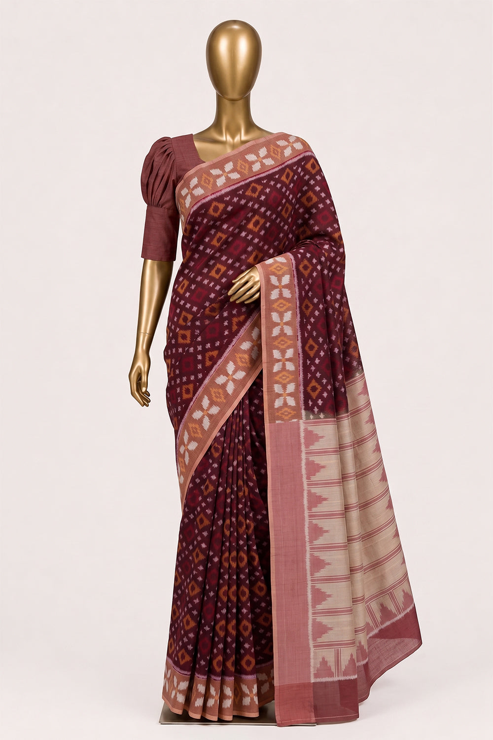 Image of Maroon Pochampally Ikat Cotton Saree