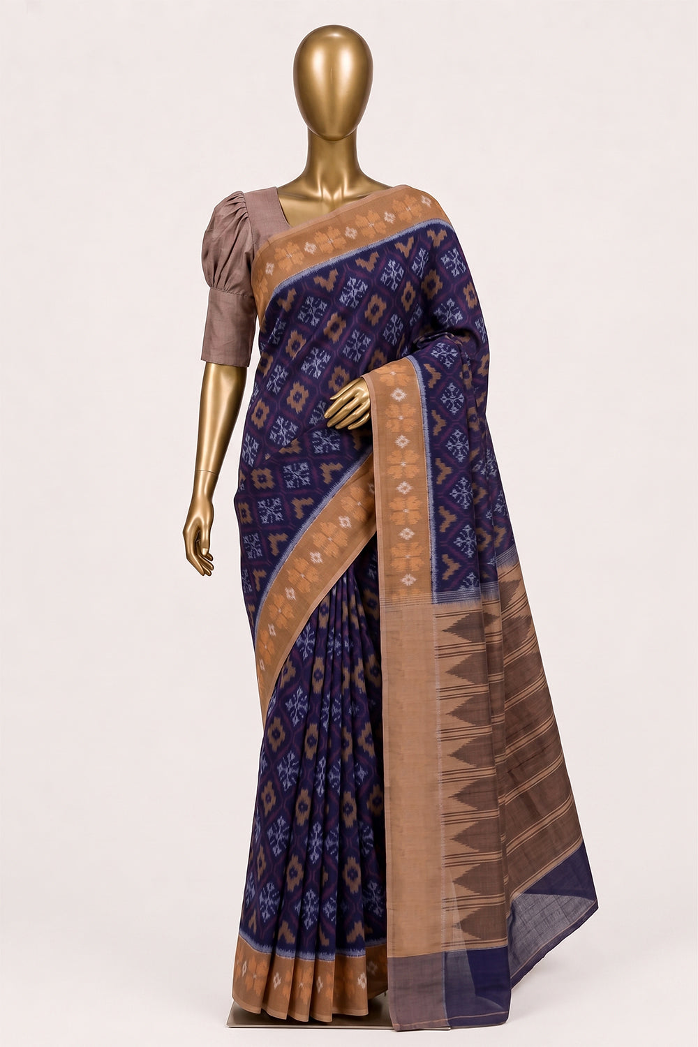 Image of Navy Blue Pochampally Ikat Cotton Saree