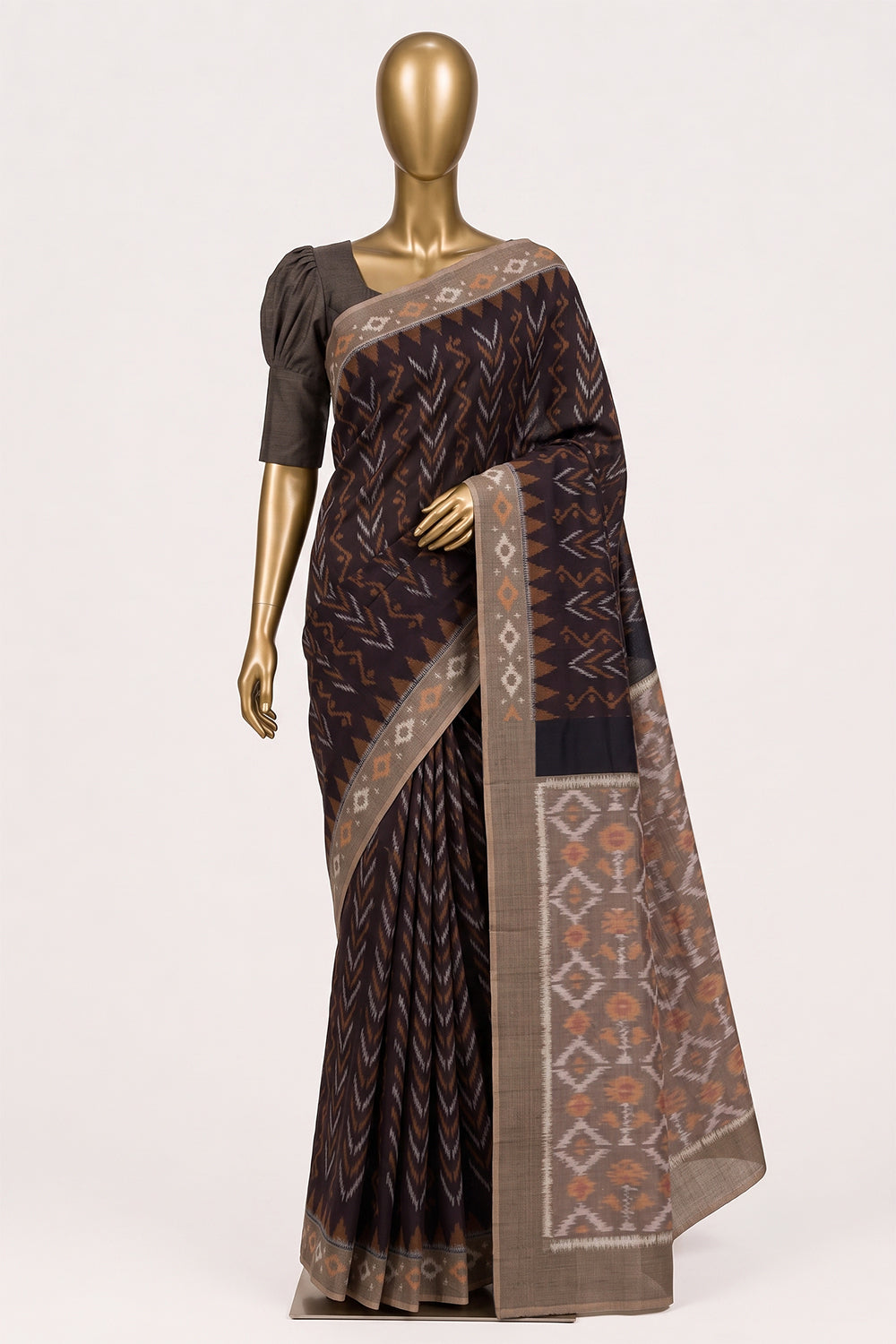 Image of Brown Pochampally Ikat Cotton Saree