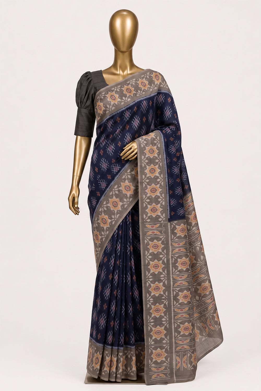 Image of Navy Blue Pochampally Ikat Cotton Saree