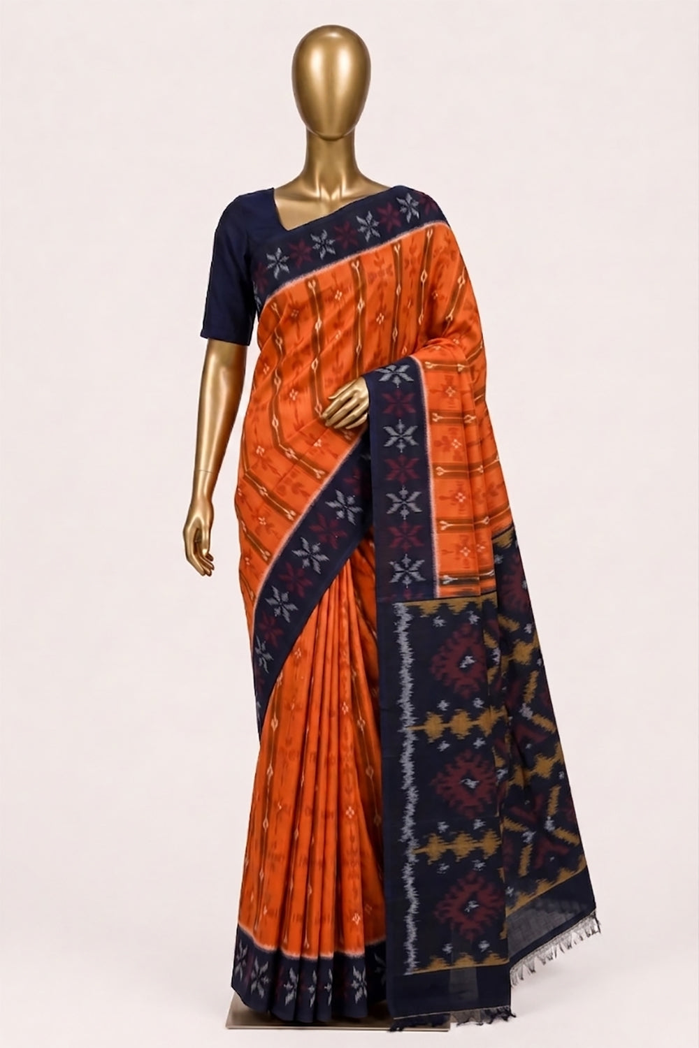 Image of Orange Pochampally Ikat Cotton Saree