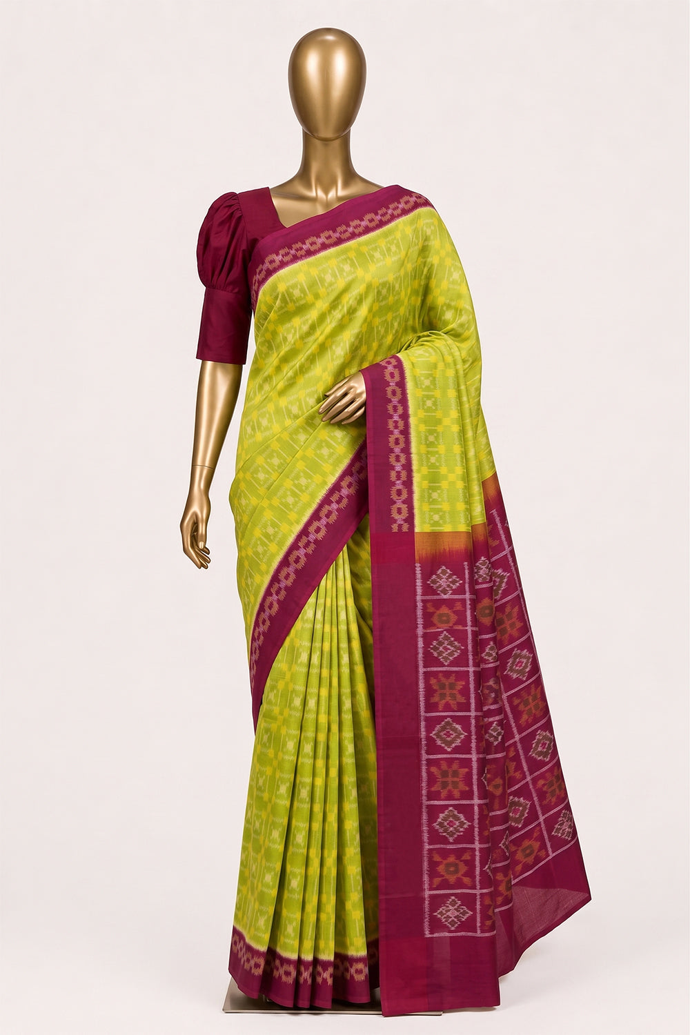 Image of Green Pochampally Ikat Cotton Saree