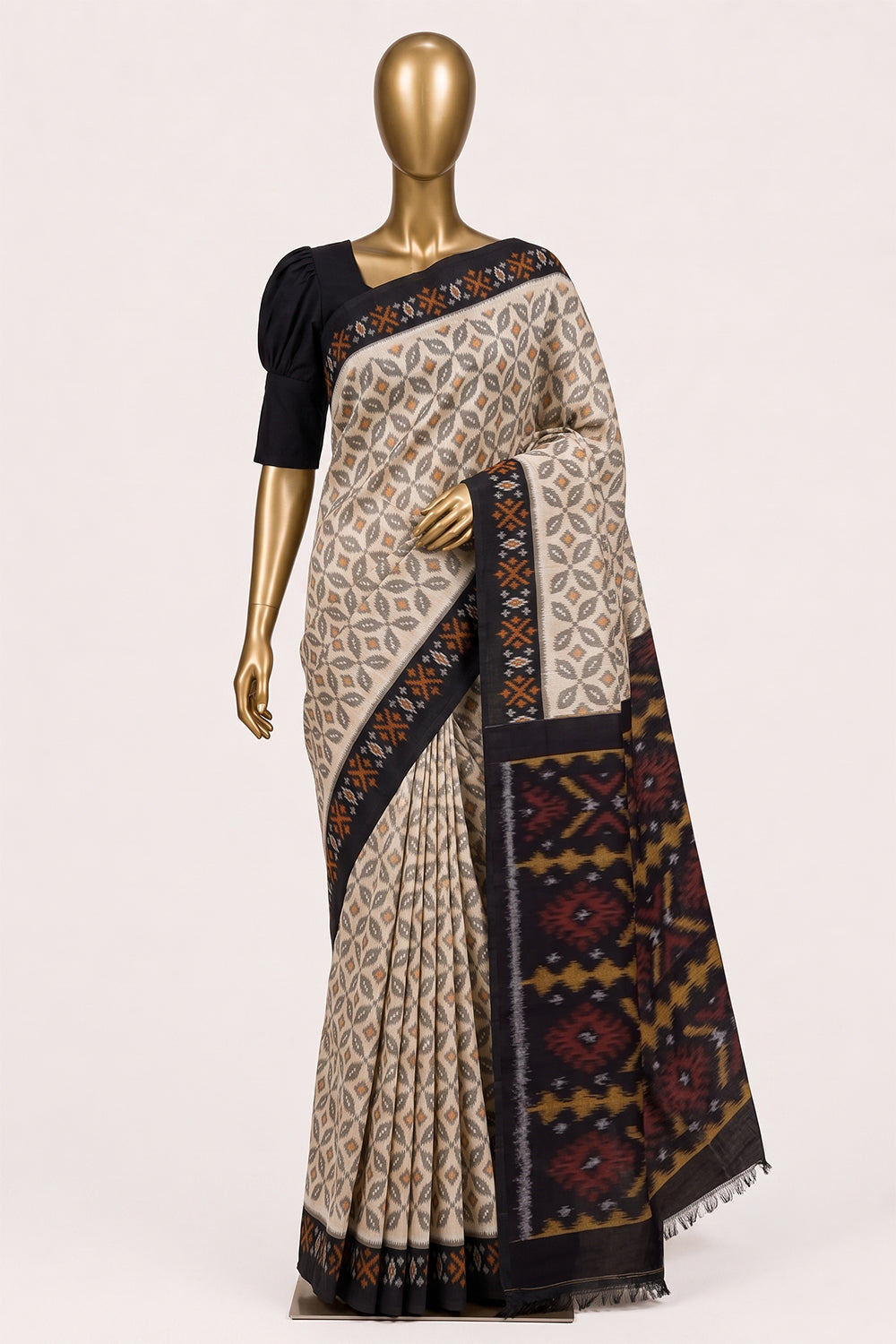 Image of Beige Pochampally Ikat Cotton Saree