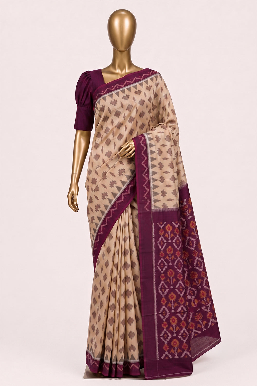 Image of Beige Pochampally Ikat Cotton Saree