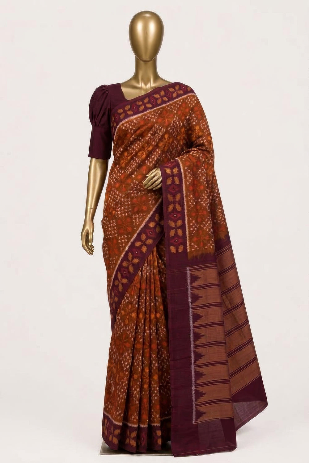 Image of Rust-Orange Pochampally Ikat Cotton Saree