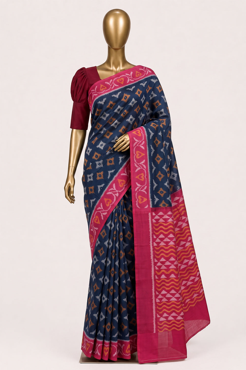 Image of Blue Pochampally Ikat Cotton Saree