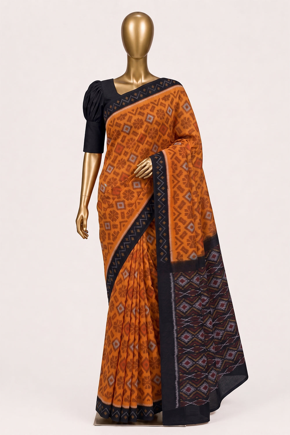 Image of Orange Pochampally Ikat Cotton Saree