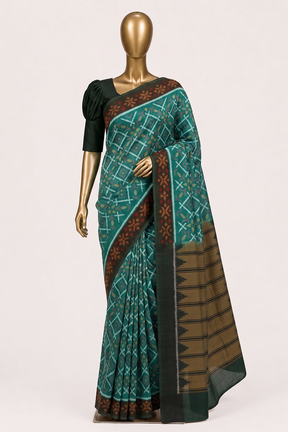Image of Teal-Green Pochampally Ikat Cotton Saree