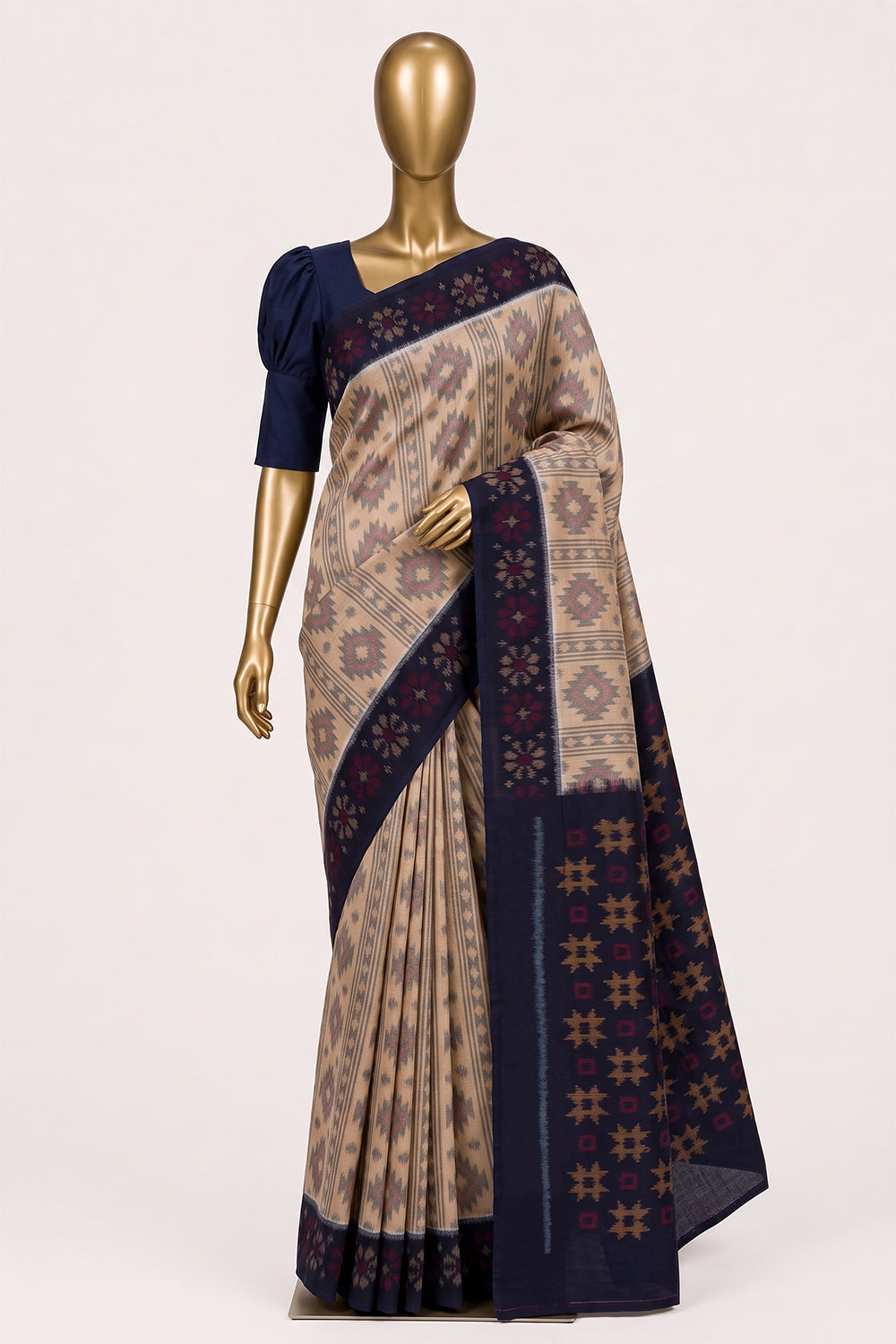 Image of Beige Pochampally Ikat Cotton Saree