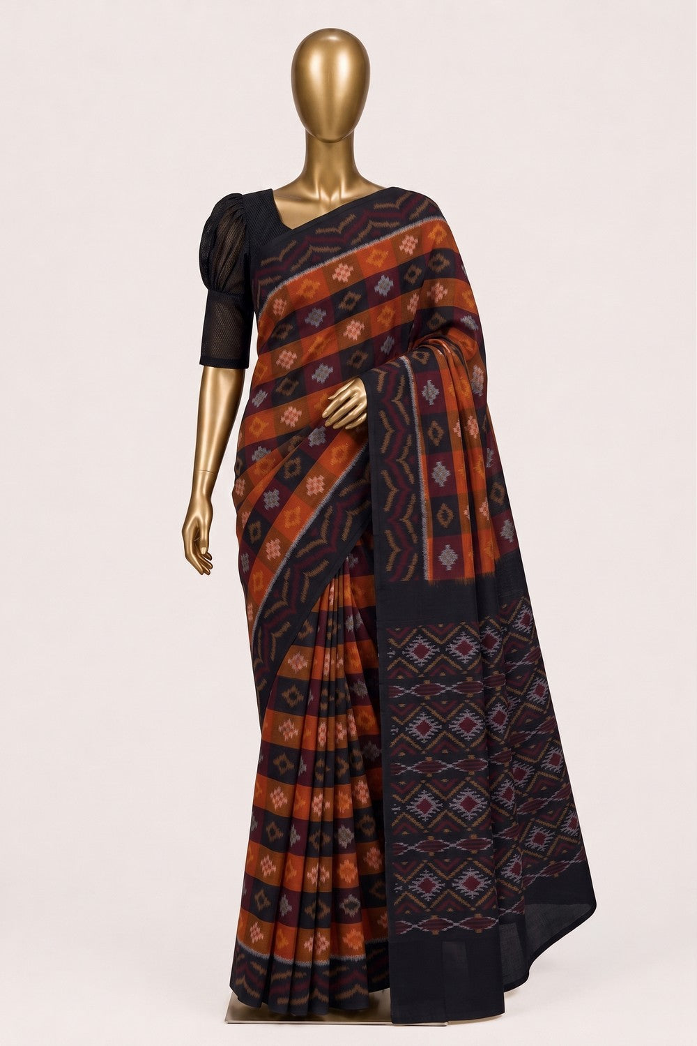 Image of Orange Pochampally Ikat Cotton Saree
