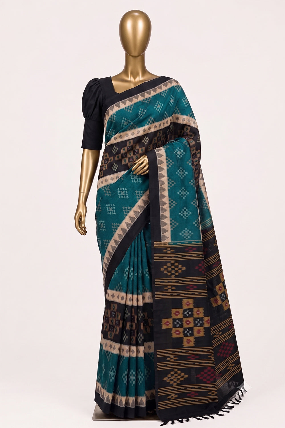 Image of Teal-Green Pochampally Ikat Cotton Saree