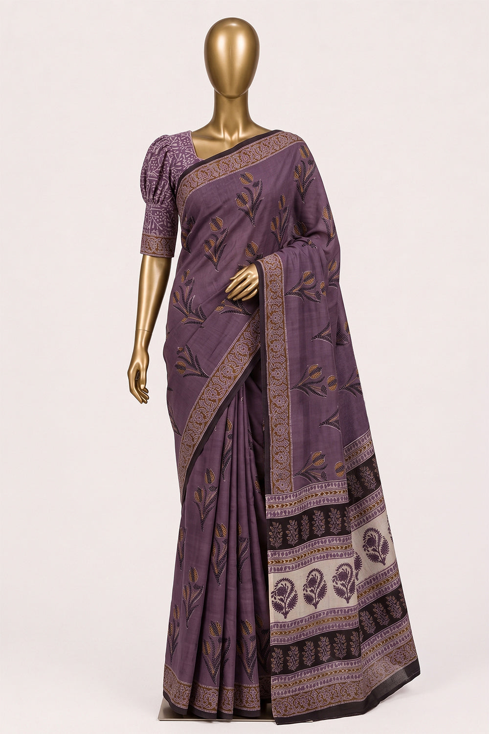 Image of Mauve Ajrakh Printed Silk Saree