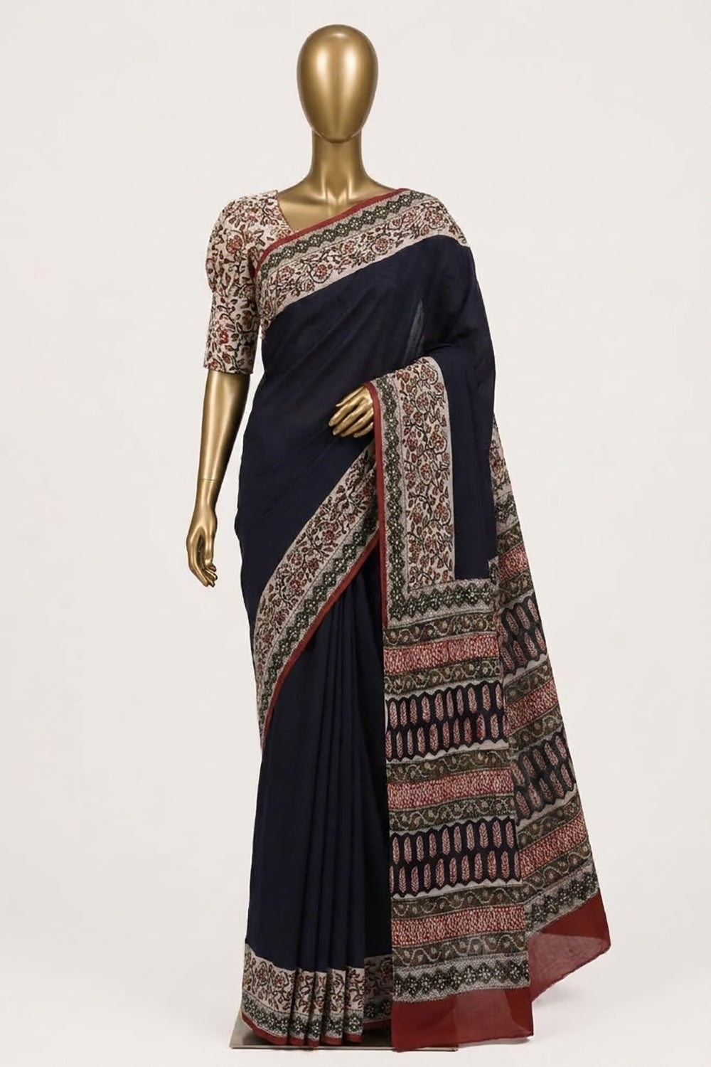 Image of Black Bagru Printed Silk Saree