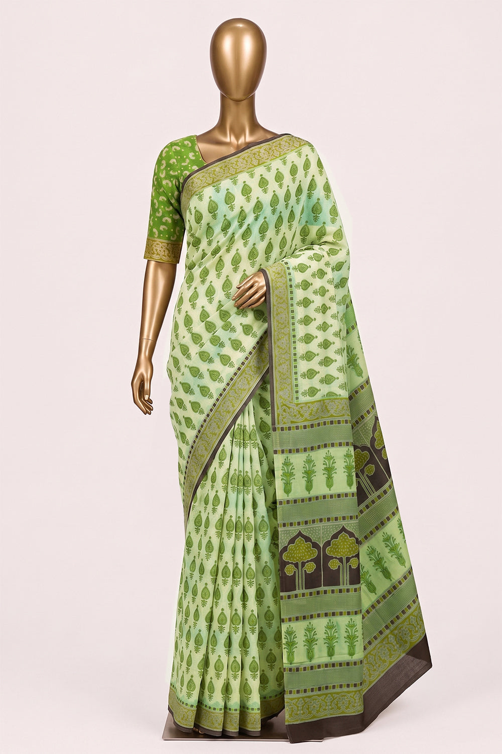 Image of Mint-Green Ajrakh Printed Silk Saree