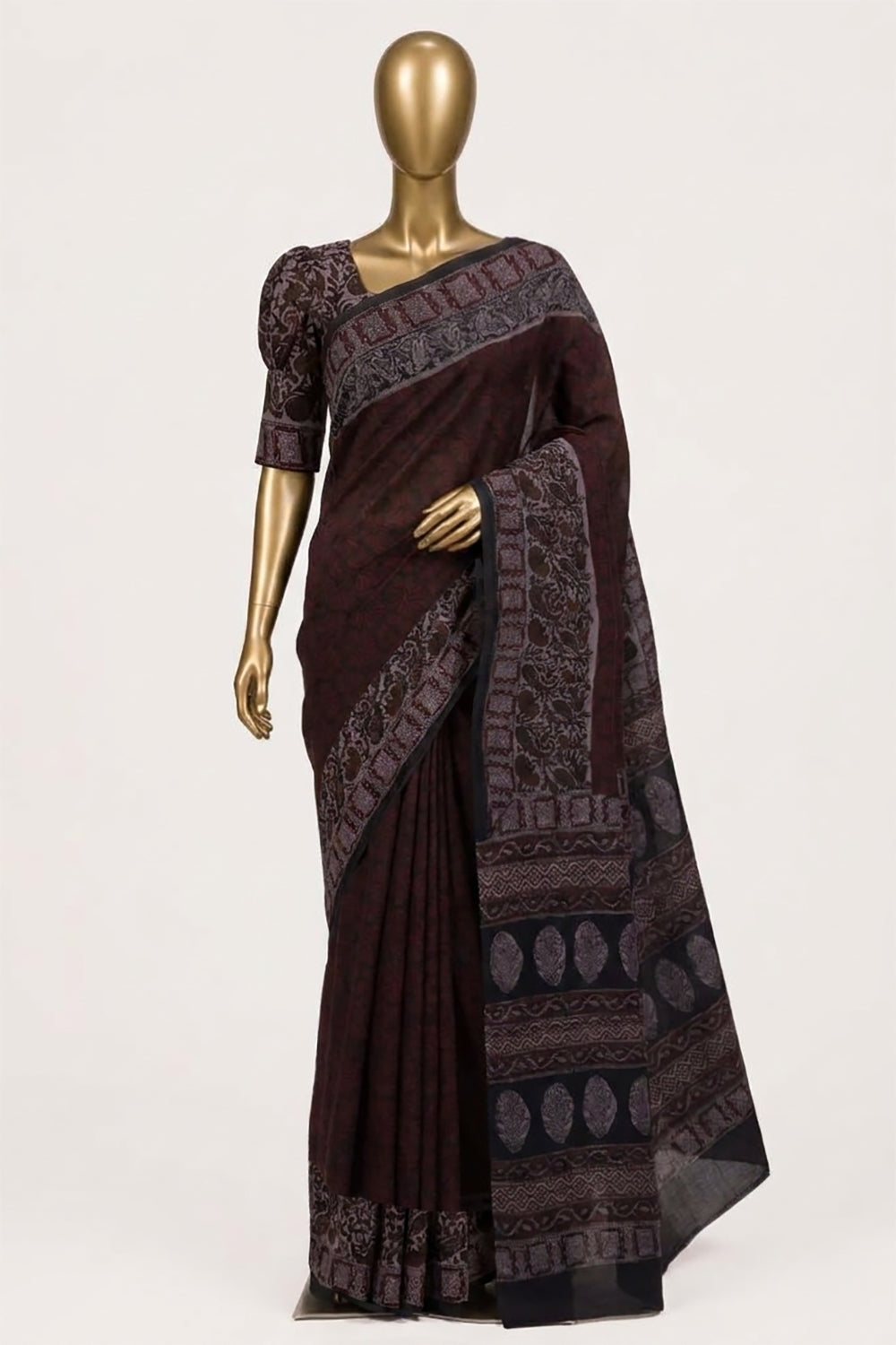 Image of Maroon Bagru Printed Silk Saree