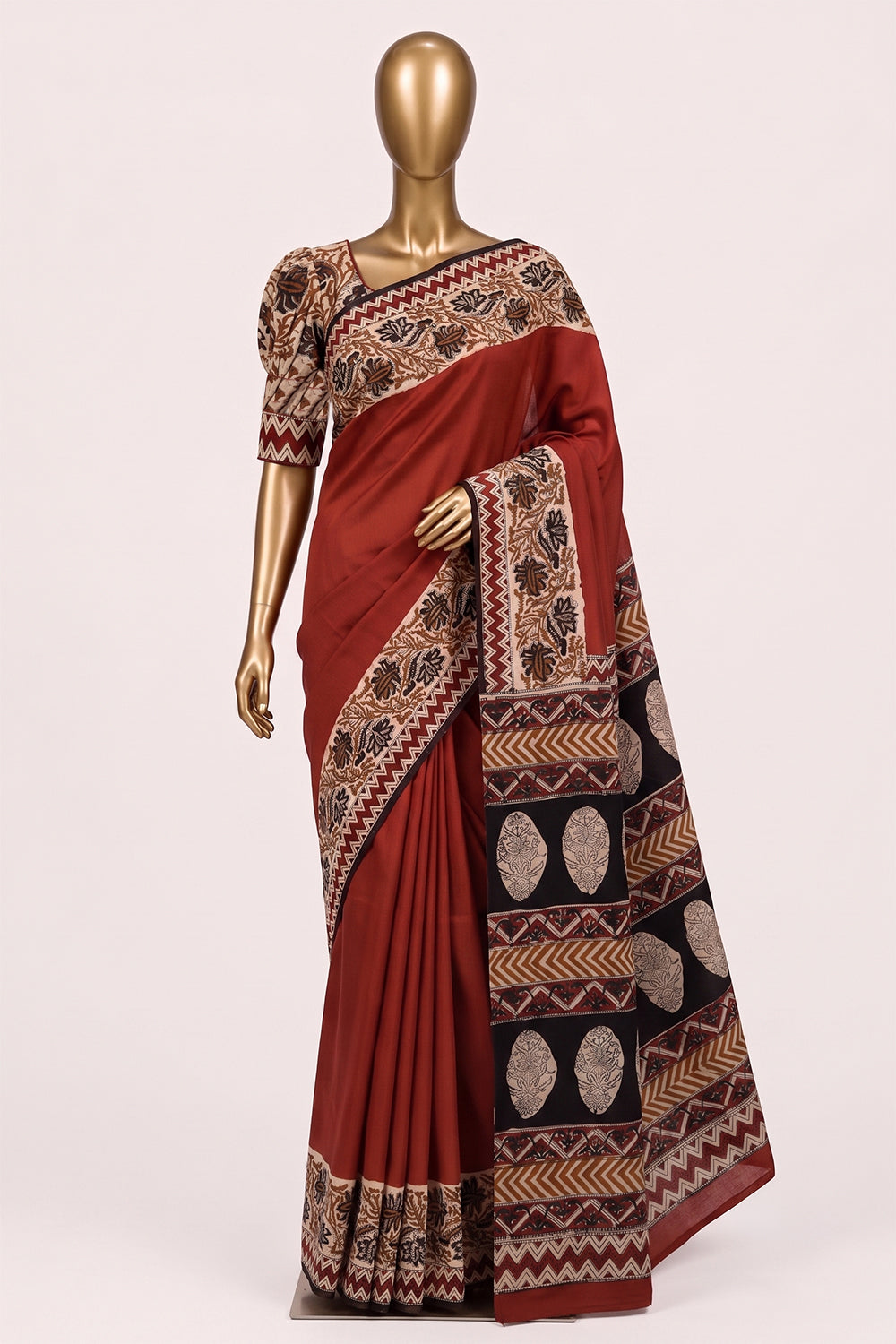 Image of Red Bagru Printed Silk Saree