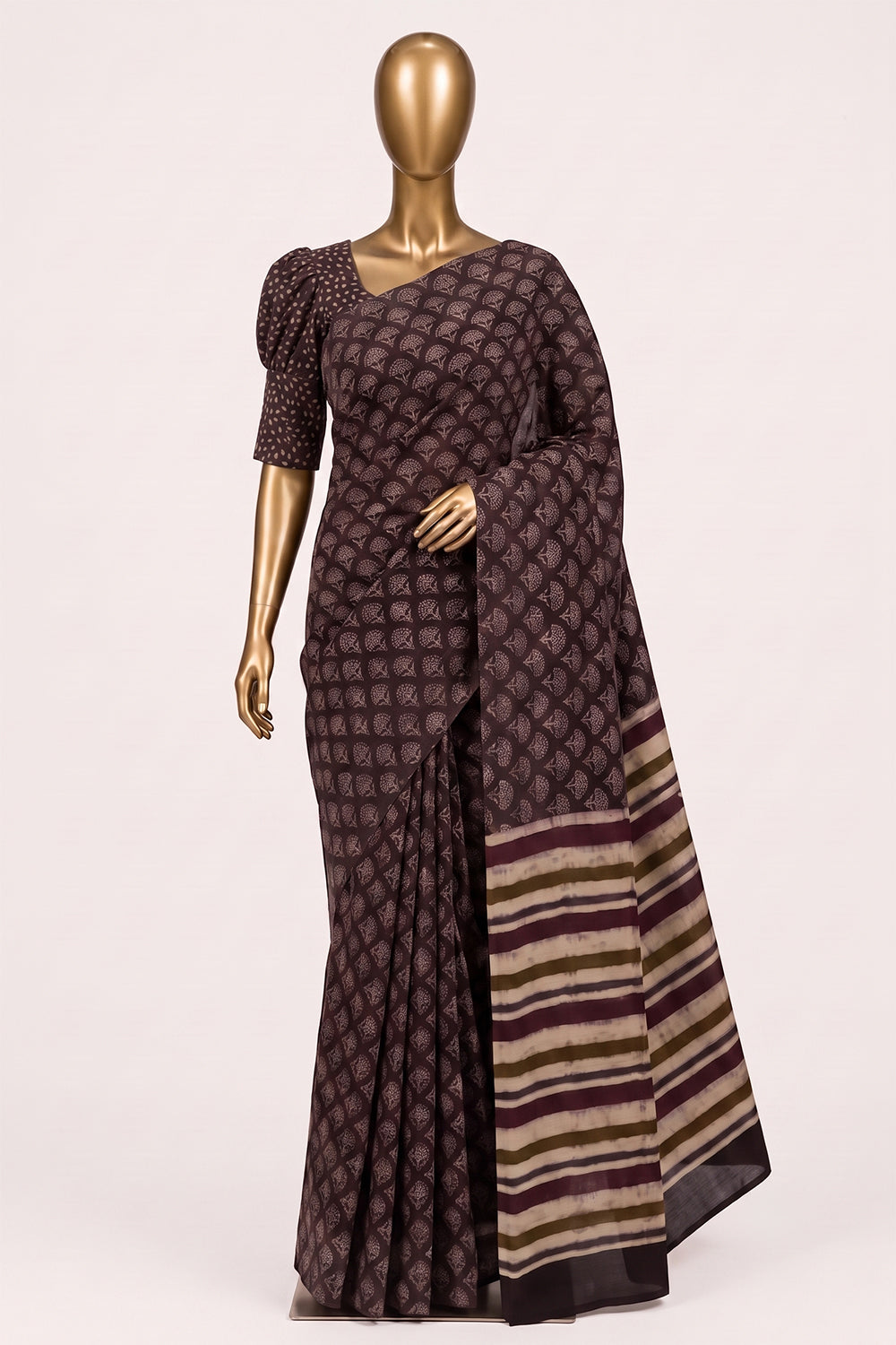 Image of Brown Ajrakh Printed Silk Saree