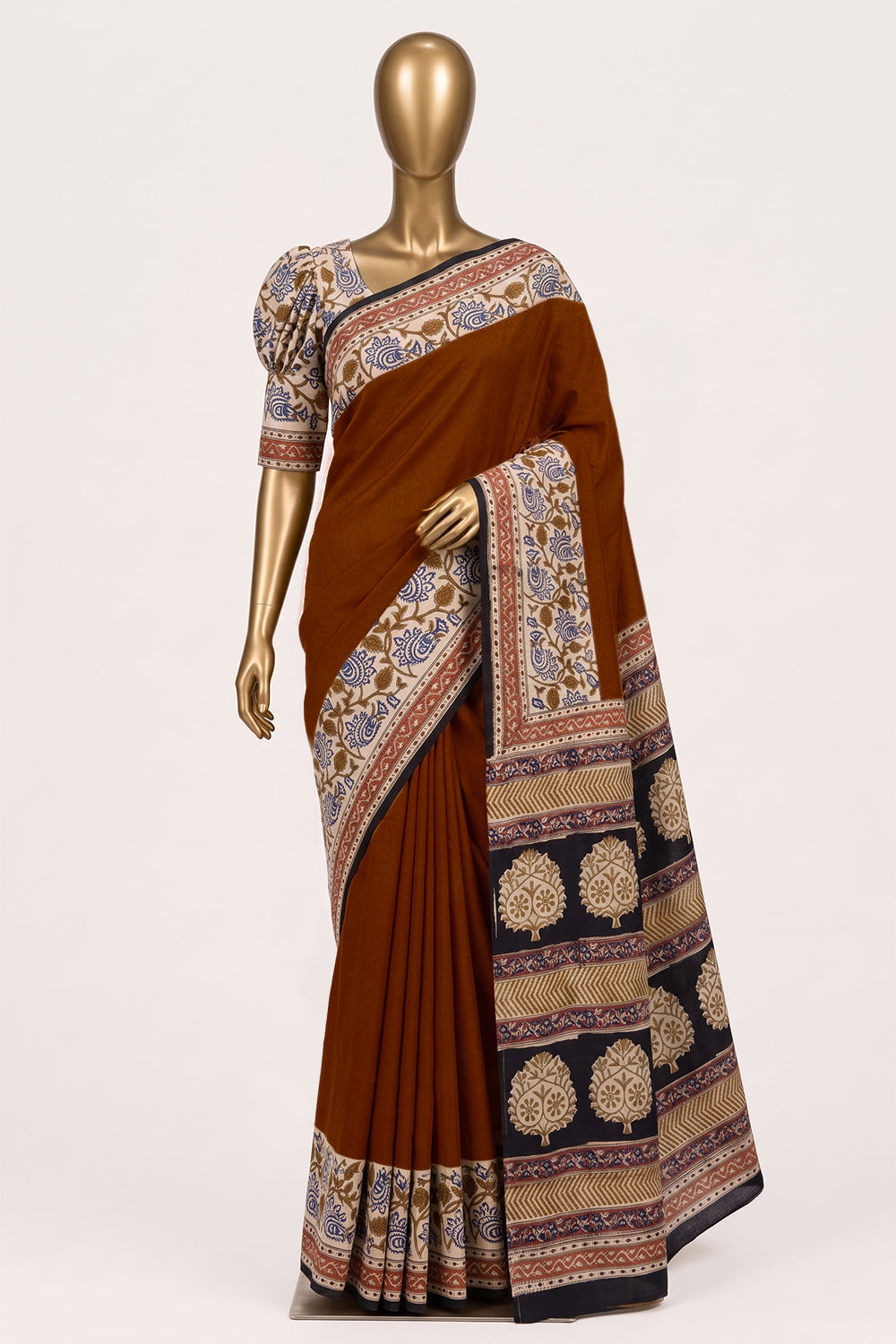 Image of Brown Bagru Printed Silk Saree
