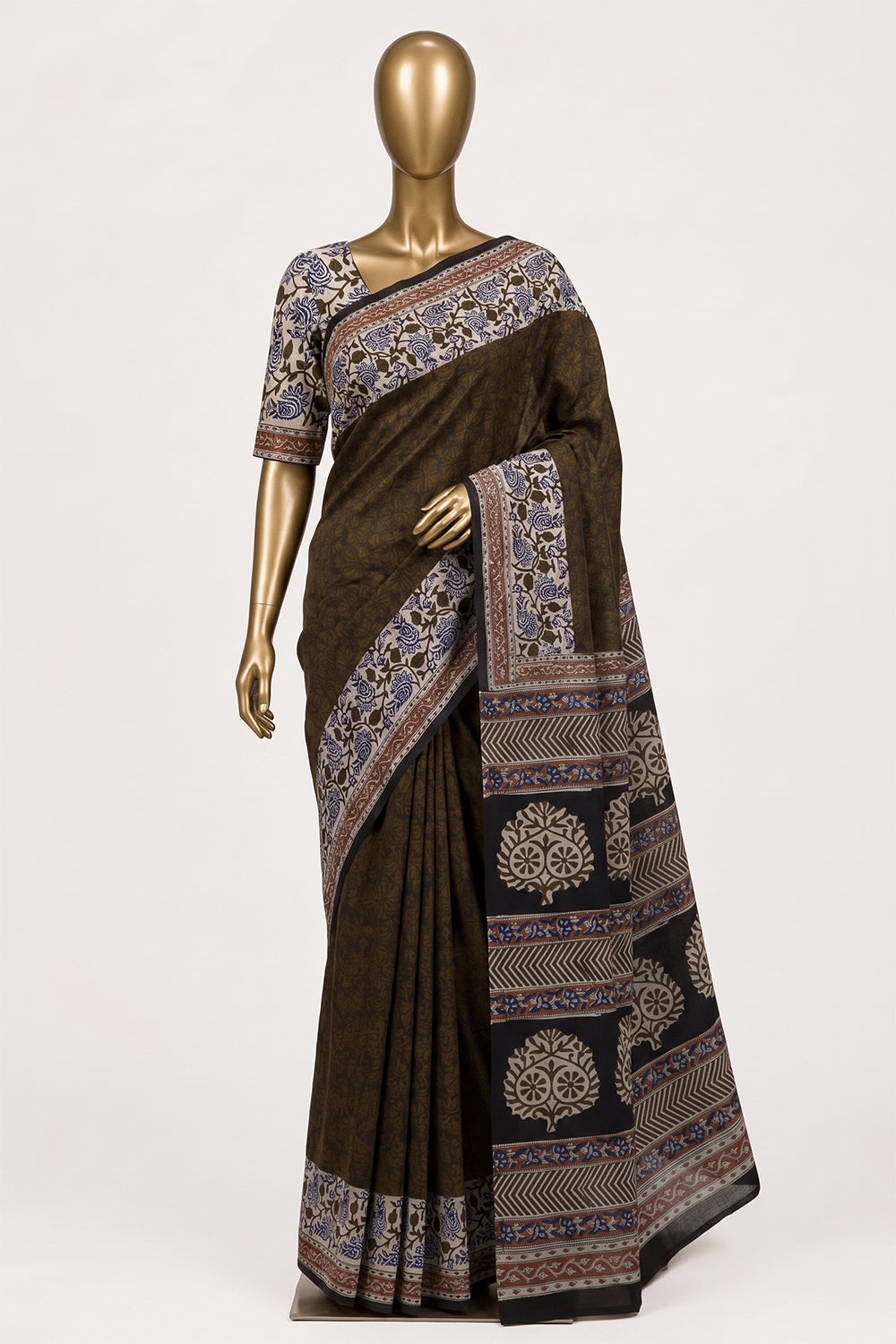 Image of Moss Green Bagru Printed Silk Saree
