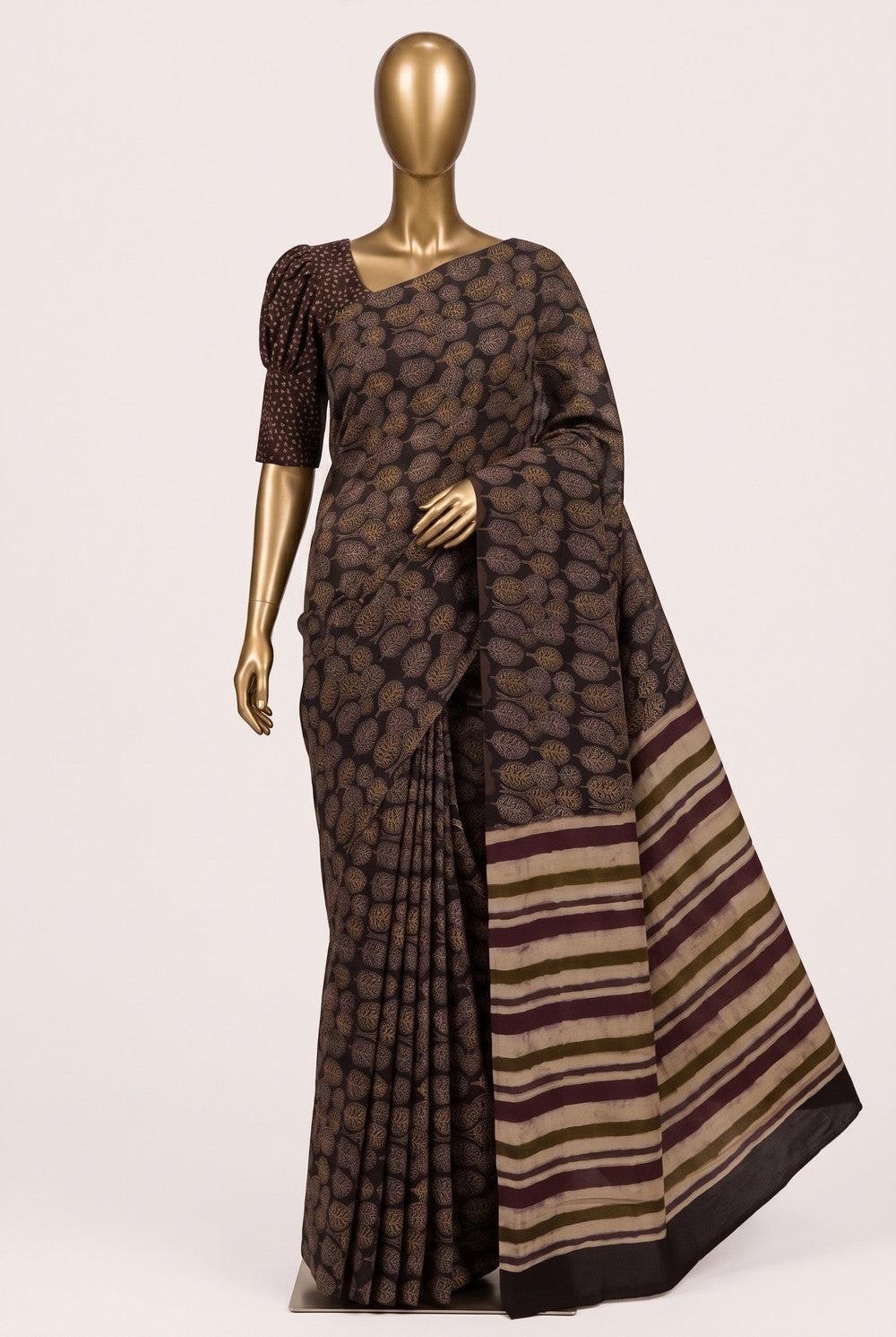 Image of Brown Ajrakh Printed Silk Saree