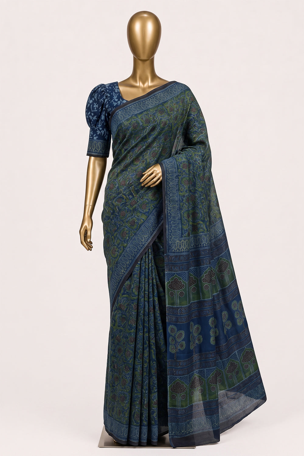 Image of Teal-Blue Ajrakh Printed Silk Saree