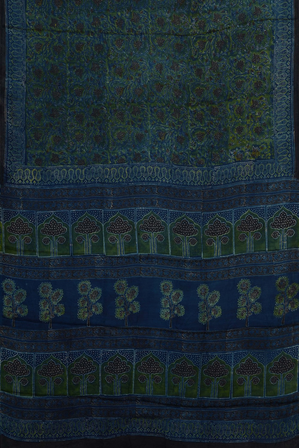 Image of Teal-Blue Ajrakh Printed Silk Saree