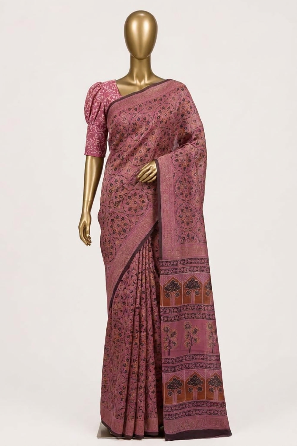 Image of Peach Ajrakh Printed Silk Saree