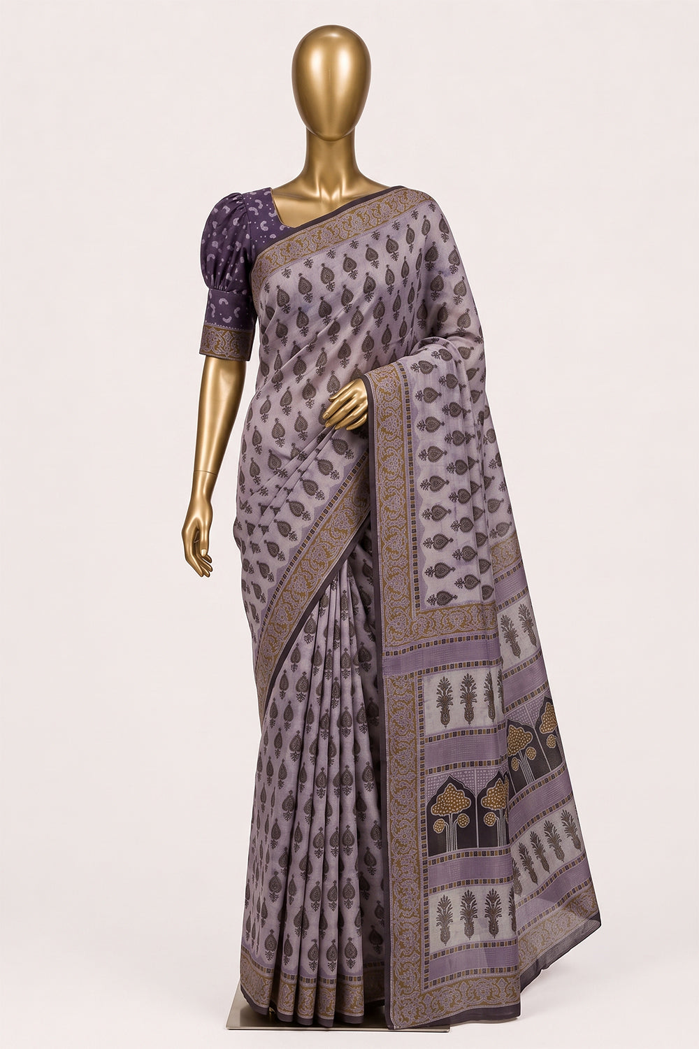 Image of Mauve Ajrakh Printed Silk Saree