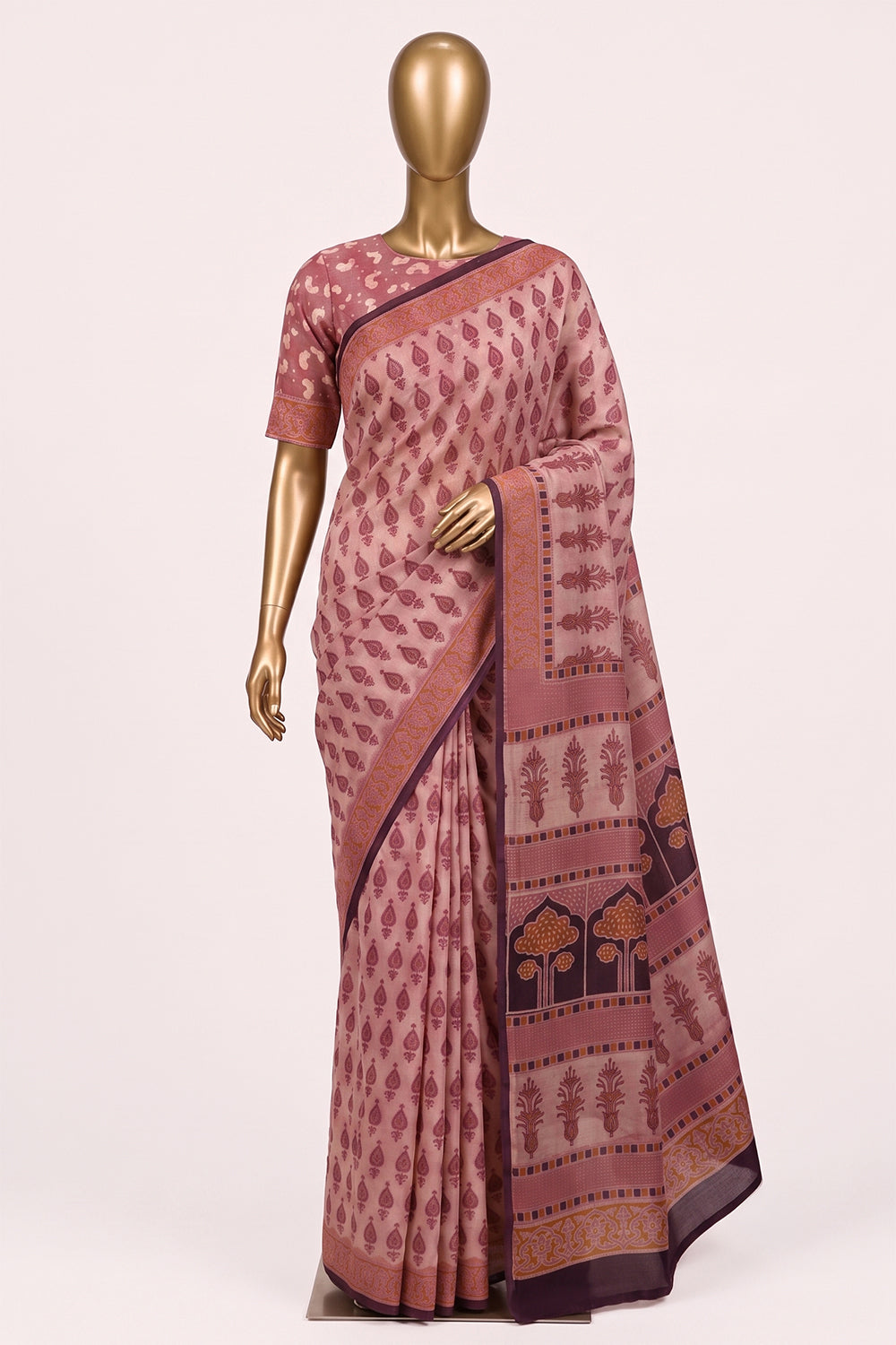 Image of Peach-Pink Ajrakh Printed Silk Saree