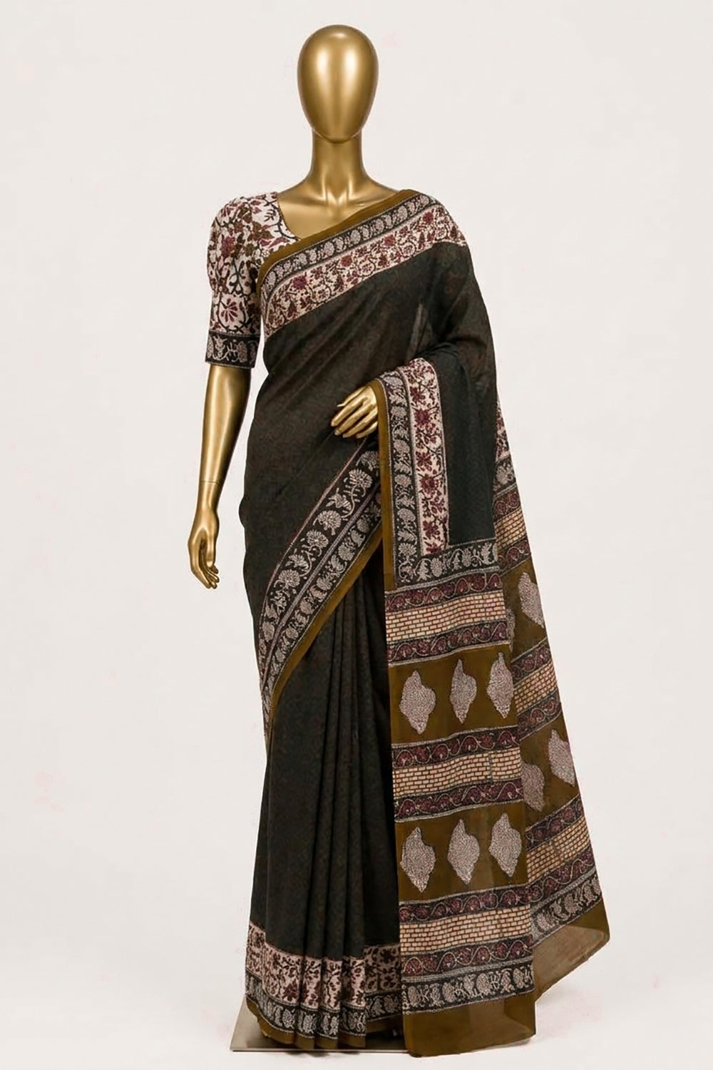 Image of Bottle-Green Bagru Printed Silk Saree