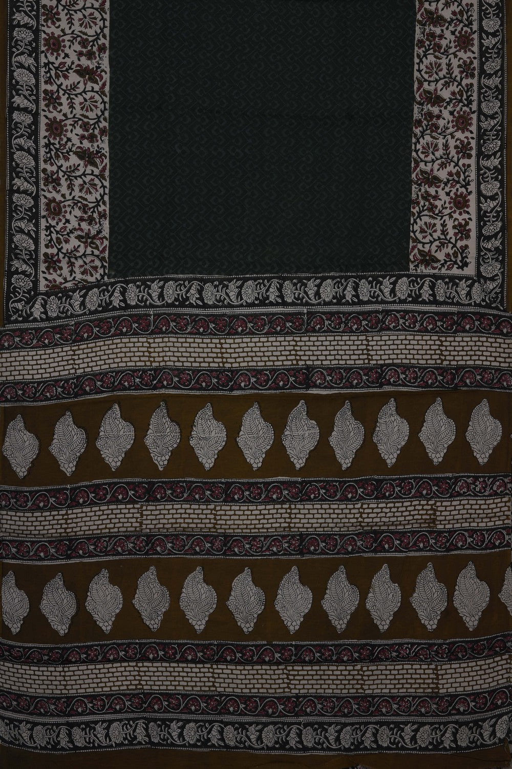 Image of Bottle-Green Bagru Printed Silk Saree