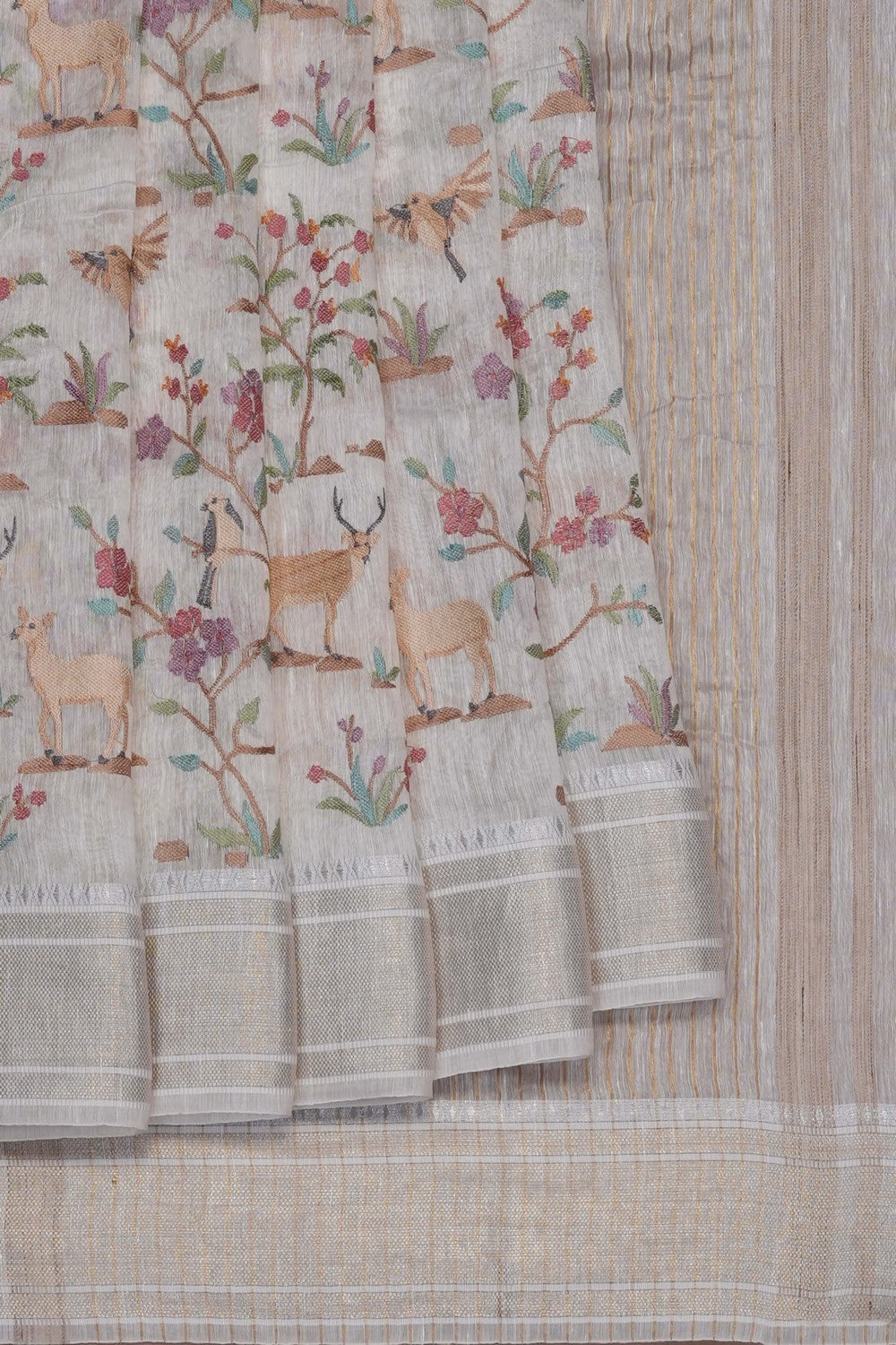 Image of White Linen Embroidery Saree