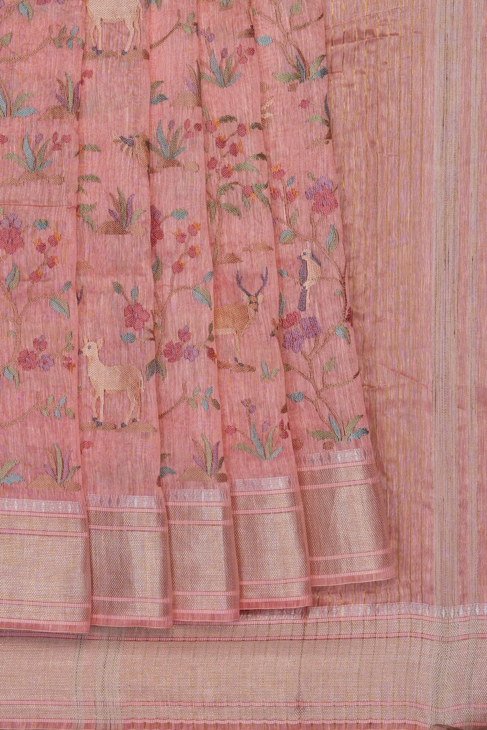 Image of Peach Linen Embroidery Saree