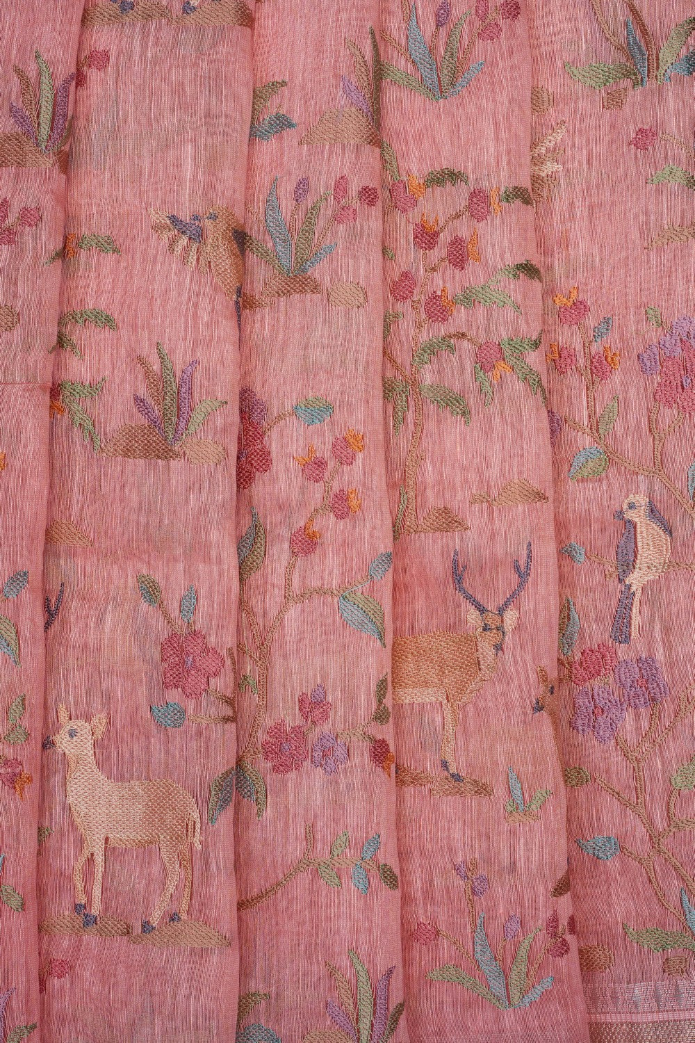 Image of Peach Linen Embroidery Saree