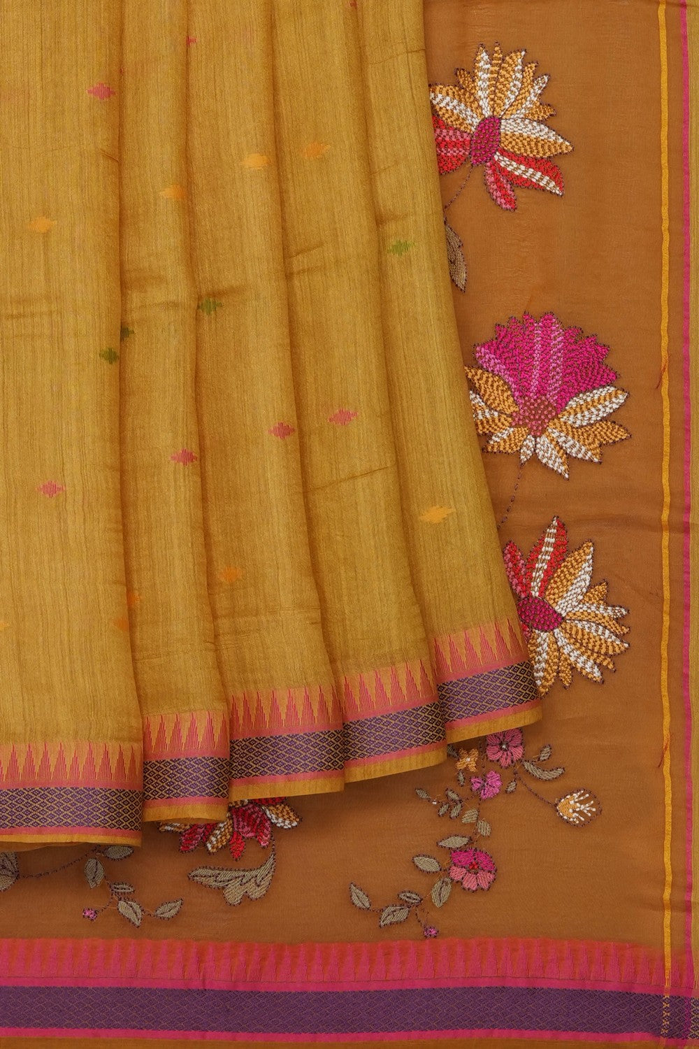 Image of Mustard Tussar Silk Embroidery Saree