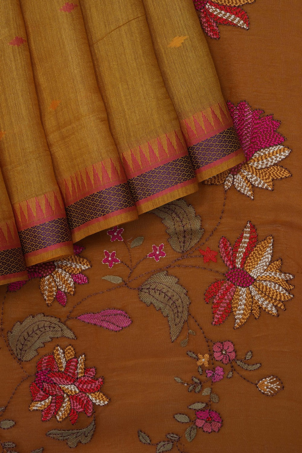 Image of Mustard Tussar Silk Embroidery Saree