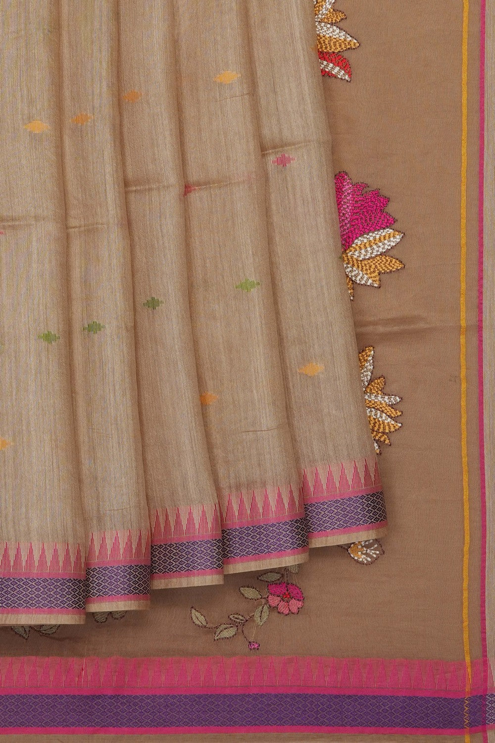 Image of Beige Tussar Silk Embroidery Saree