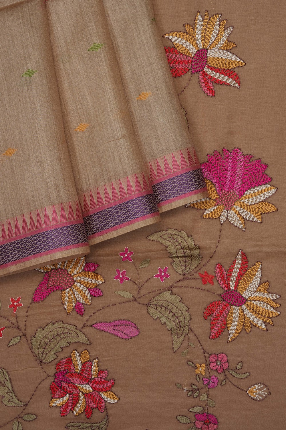 Image of Beige Tussar Silk Embroidery Saree