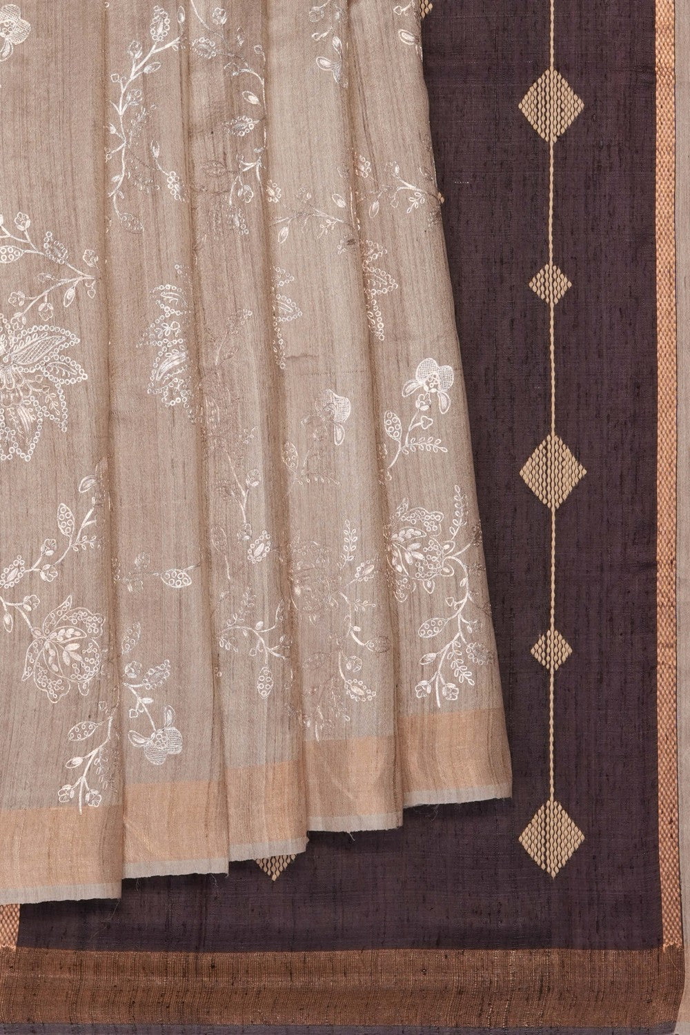 Image of Beige Tussar Silk Embroidery Saree