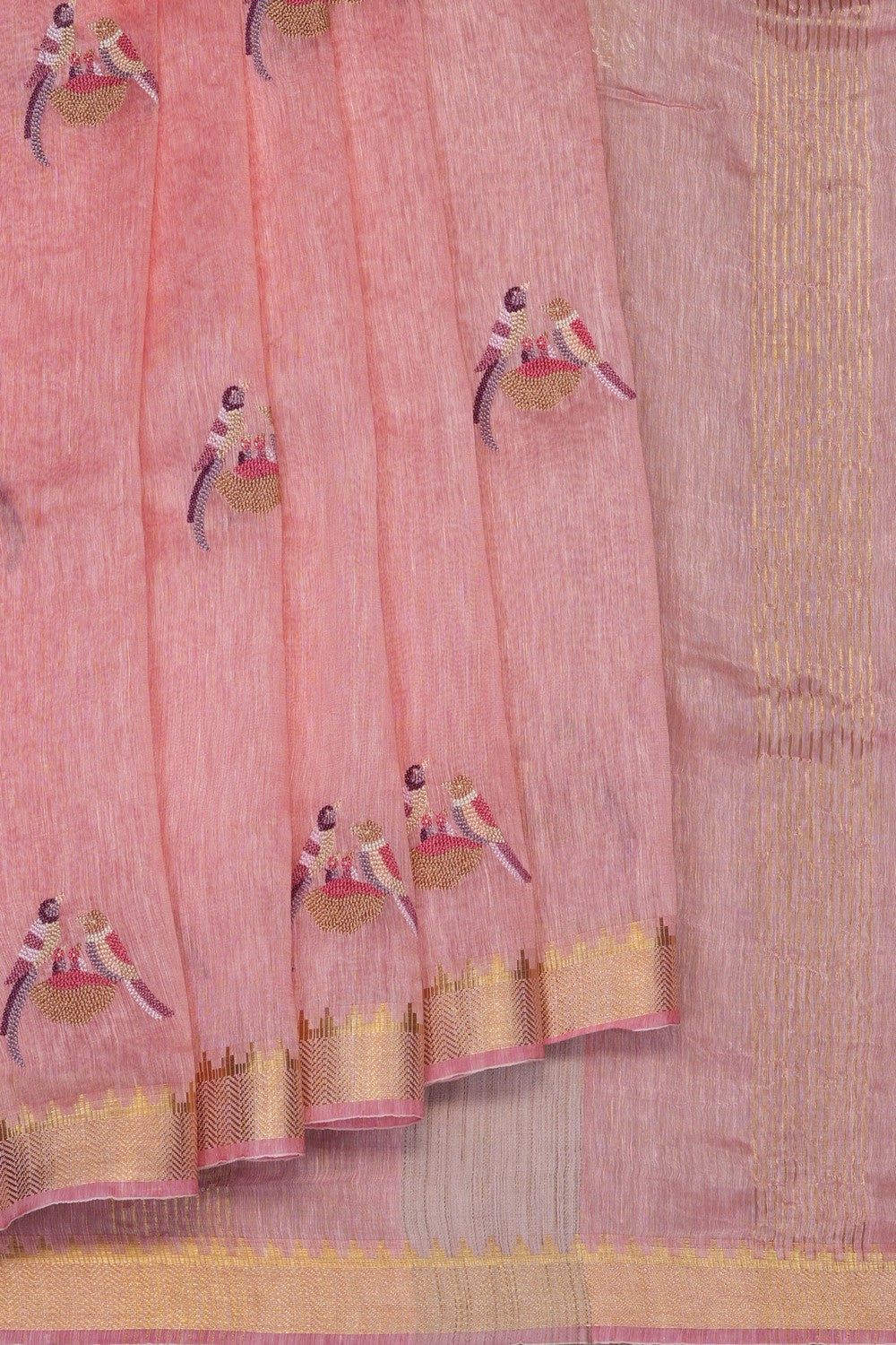 Image of Pink Linen Embroidery Saree
