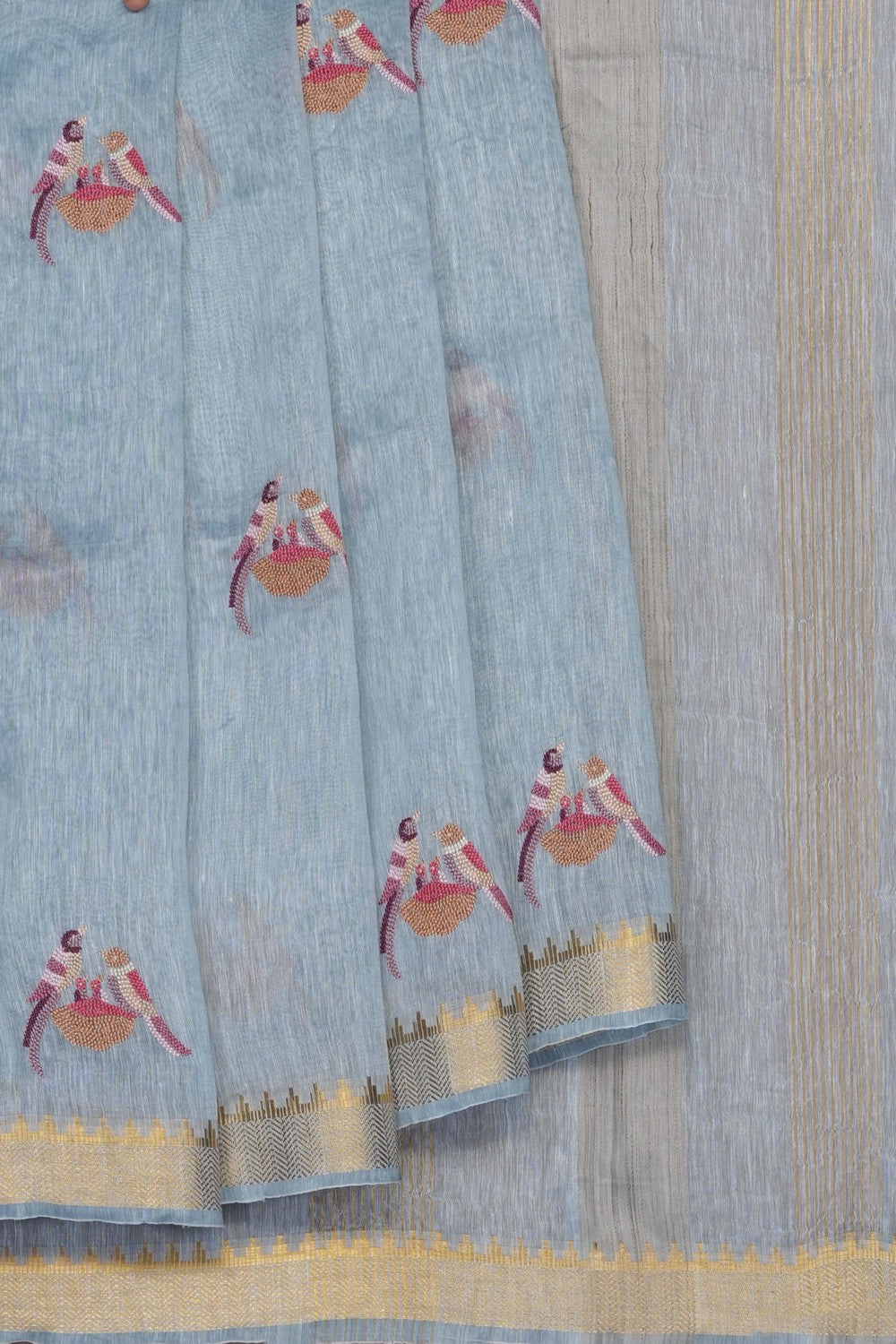 Image of Grey Linen Embroidery Saree