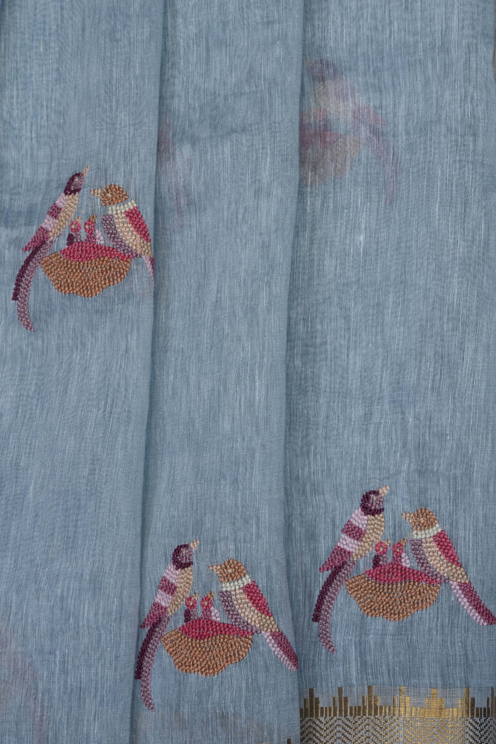 Image of Grey Linen Embroidery Saree