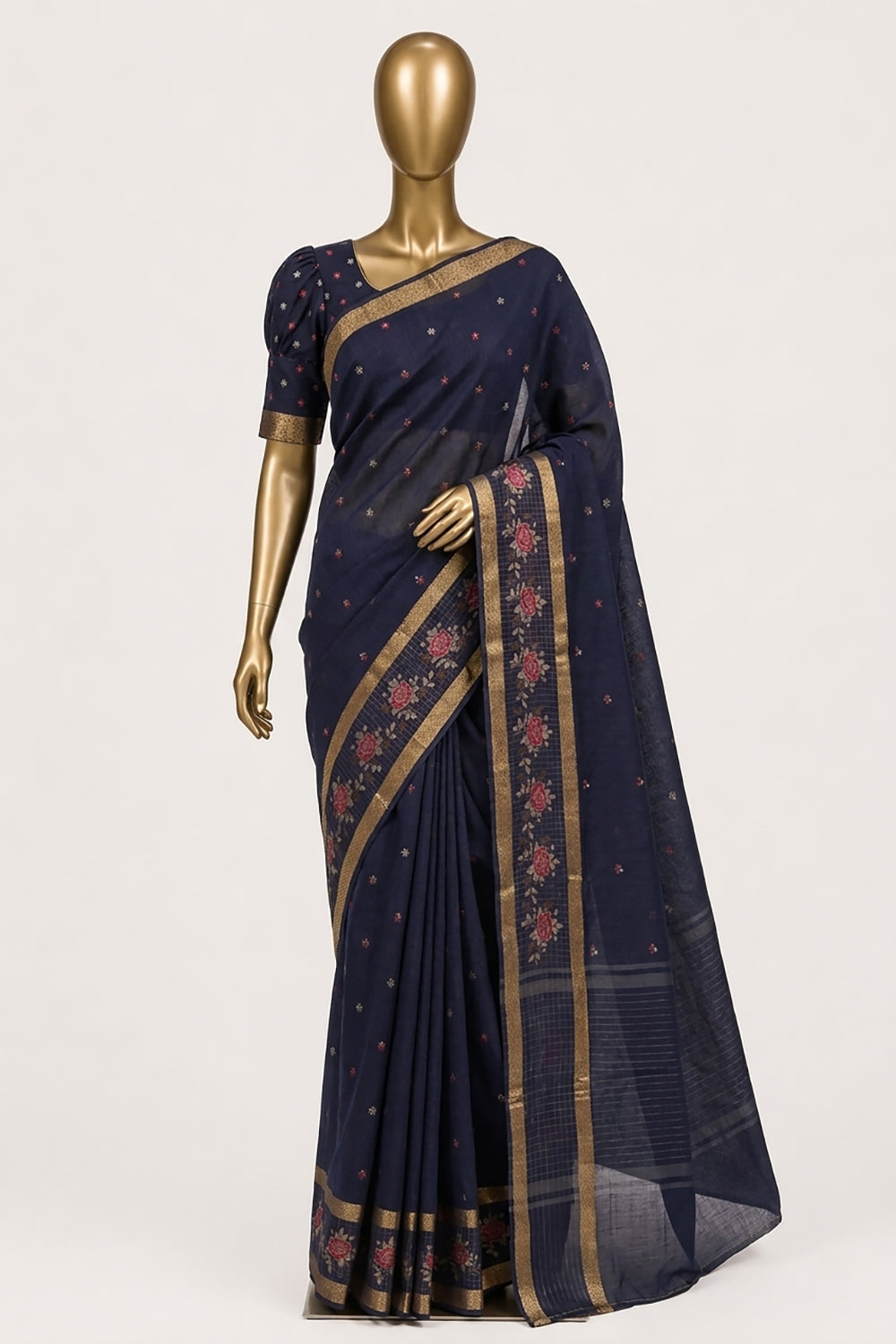 Image of Navy Blue Linen Saree